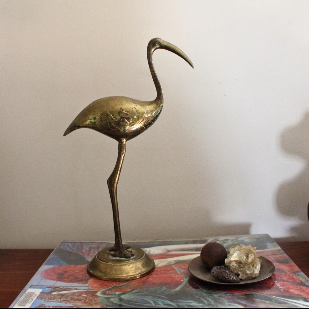 MCM Etched Brass Crane Statuette